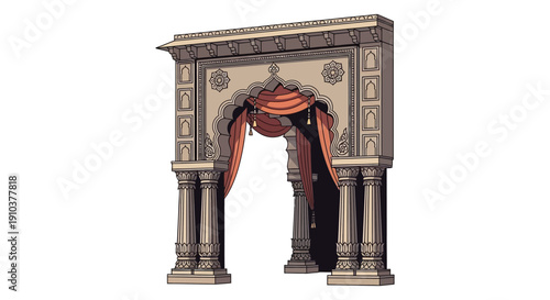 Fotografie An ornate arched doorway with decorative carvings and draped fabric presented as