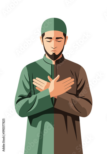 Vector illustration of a Man in prayer with hands clasped over heart in faith and spirituality