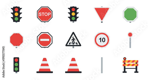 Collection of traffic signs and signals for road safety.