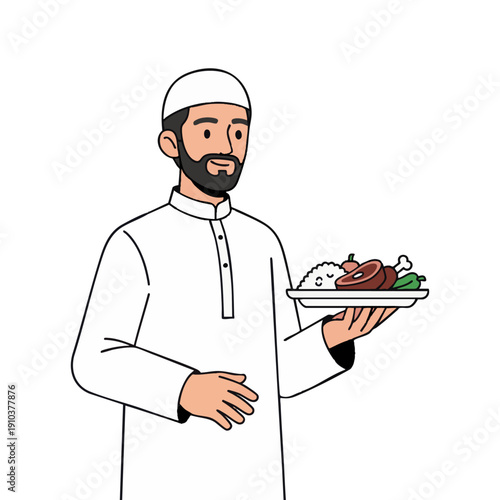 Vector illustration of a Muslim man offering traditional food on a plate with a warm smile