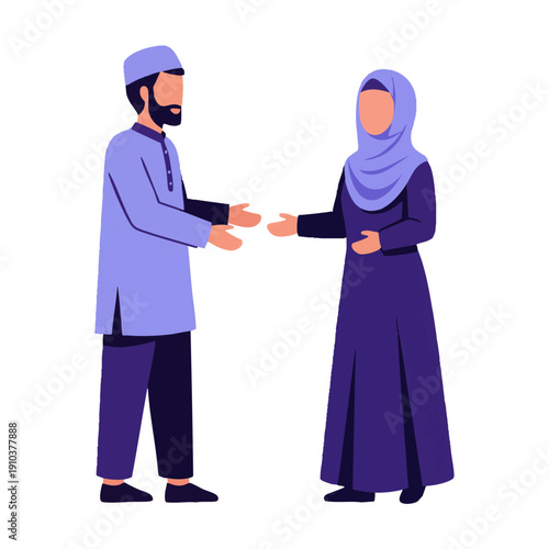 Vector illustration of a Man and woman in traditional Islamic attire shaking hands in greeting