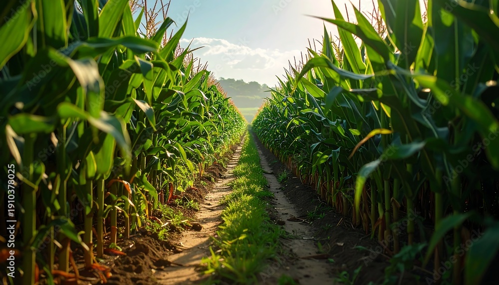 Obraz premium Lush Cornfield Path - A Journey Through Green Abundance.
