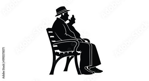 A contemplative man in a fedora and suit sits in a chair enjoying a smoke on transparent background silhouette high quality