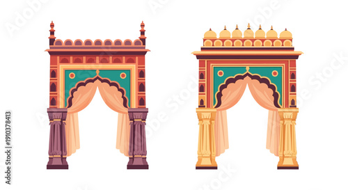 Two ornate indian gateways with detailed arches and decorative elements ideal for design projects on transparent background silhouette high quality professional