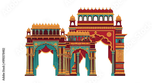 An intricately detailed illustration of a red indian palace gateway featuring ornate arches and columns on transparent background silhouette high quality