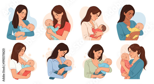 Diverse mothers lovingly breastfeeding their babies in a series of heartwarming illustrations depicting the beautiful bond of nurturing