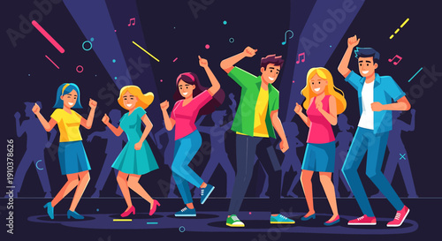 Dynamic illustration of diverse young friends enthusiastically dancing and celebrating at a vibrant music party, filled with energy, joy, and a lively club atmosphere