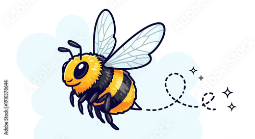 Vibrant cartoon illustration of a cheerful flying bee, happily buzzing through the air with a friendly smile and sparkling flight path, embodying the joy of nature and pollination