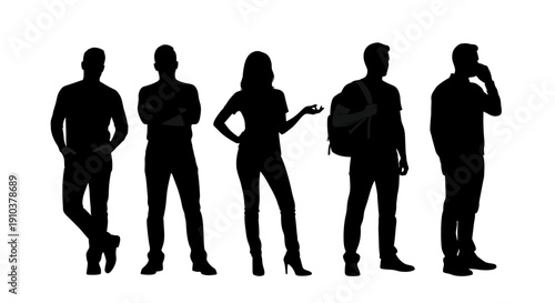 Group of full body black silhouettes featuring diverse men and women standing in various poses, representing community, identity, and individuality concepts