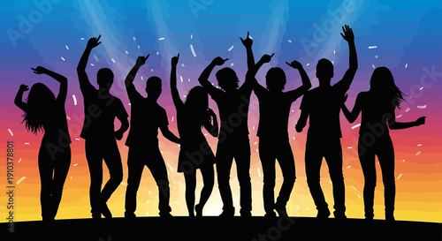 Dynamic Silhouettes of Diverse People Dancing with Hands Raised, Celebrating Joyfully Under Vibrant Lights and Falling Confetti at a Lively Evening Event
