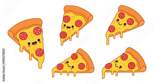 Adorable pizza slices with smiling faces and pepperoni perfect for digital art on transparent background silhouette high quality professional detailed modern