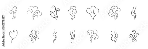 Smell steam and smoke lines icons set. Air wind and scent linear hand drawn doodle. Hot vapor, aroma, smell, waves from food sketch.