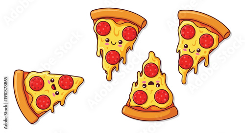 Four cartoon pizza slices with pepperoni and smiling faces presented as a cute graphic on transparent background silhouette high quality professional
