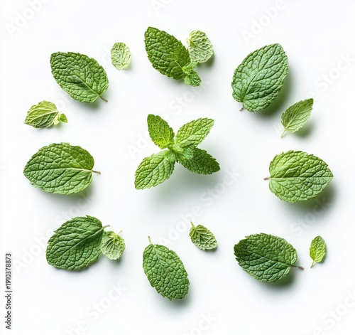 fresh green mint leaves arranged in a circular flat lay on white background, bright refreshing and clean mood