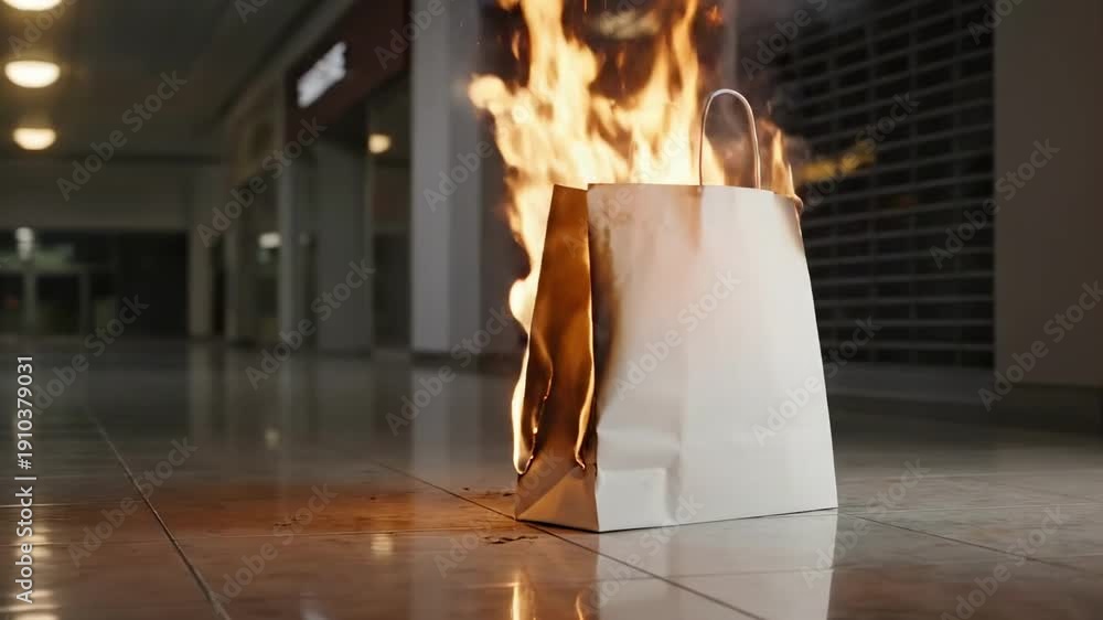 custom made wallpaper toronto digitalrealistic flames. A white shopping bag is engulfed in flames, with smoke rising and a reflective floor, creating a dramatic scene in an eerily deserted indoor environment