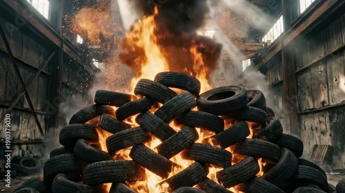 Wallpaper Mural realistic flames. A massive pile of old tires engulfed in flames inside an industrial warehouse, with dramatic smoke rising and sunlight streaming through the beams above Torontodigital.ca