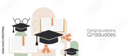 Congratulations Graduates banner. Card with graduation caps, diplomas, glasses, and books.
