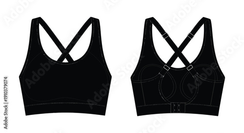 Two black sports bras displayed with detailed straps and band features on transparent background silhouette high quality professional modern elegant stylish