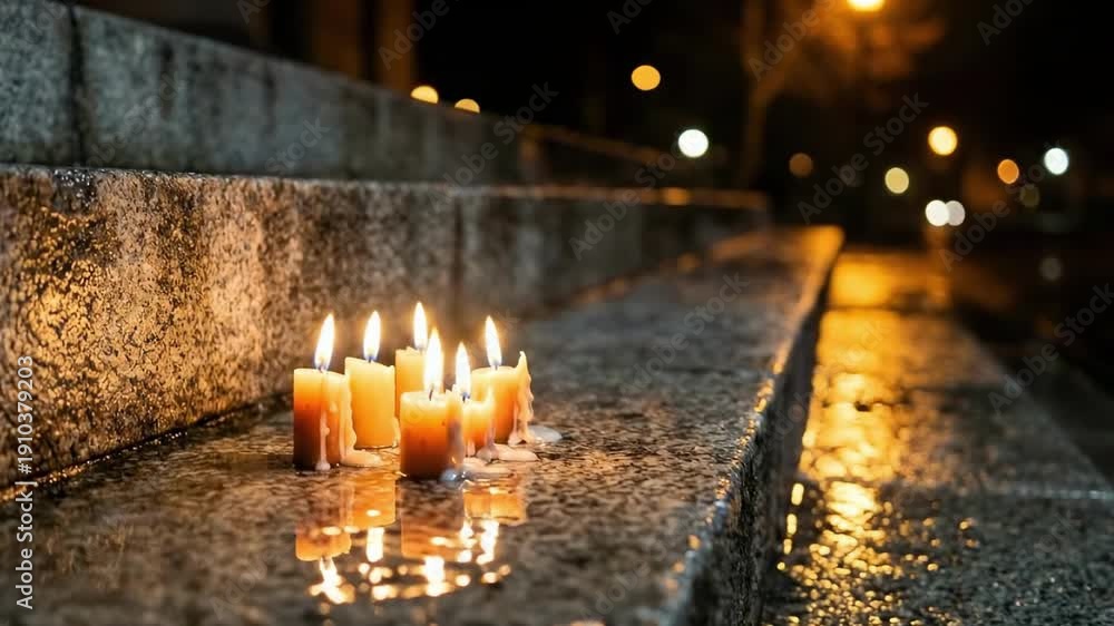 custom made wallpaper toronto digitalrealistic flames. A serene nighttime scene features lit candles on wet stone steps, flickering softly amidst a backdrop of blurred streetlights reflecting in puddles