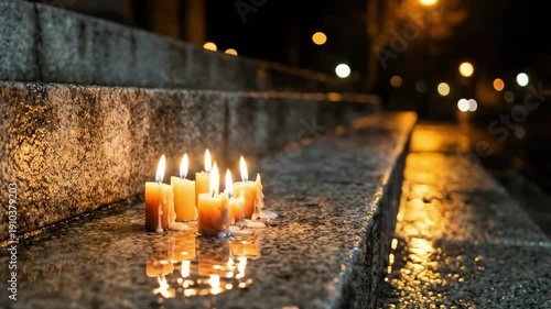 Wallpaper Mural realistic flames. A serene nighttime scene features lit candles on wet stone steps, flickering softly amidst a backdrop of blurred streetlights reflecting in puddles Torontodigital.ca