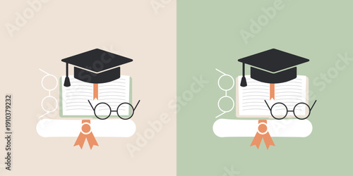 Card with graduation cap, diploma, glasses, and book. Two colours logo set. Graduation concept. 