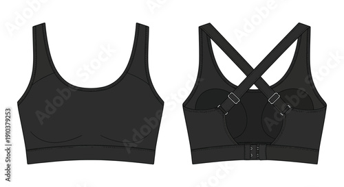 A black sports bra design shown from front and back views perfect for mockups on transparent background silhouette high quality professional
