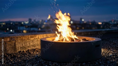Wallpaper Mural realistic flames. A glowing fire pit emits warm flames against a twilight city skyline, creating a cozy ambiance that invites relaxation and gatherings among stone pebbles and a concrete base Torontodigital.ca