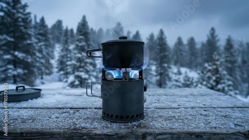 Wallpaper Mural realistic flames. A portable camping stove sits on a wooden table covered in snow, with a pot simmering above a blue flame, under a cloudy, wintry sky surrounded by pine trees Torontodigital.ca