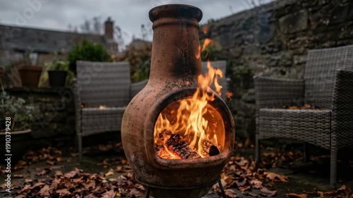 Wallpaper Mural realistic flames. A cozy outdoor setting featuring a traditional chiminea with vibrant flames, surrounded by fallen leaves, potted plants, and rustic wicker chairs against a gray sky Torontodigital.ca