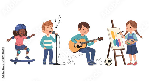 A vibrant illustration depicts children engaged in various artistic pursuits including music painting and skateboarding on transparent background silhouette high quality
