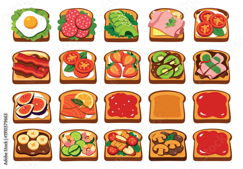 Hand drawn open faced sandwich set featuring various sweet and savory toppings for breakfast and snack meals