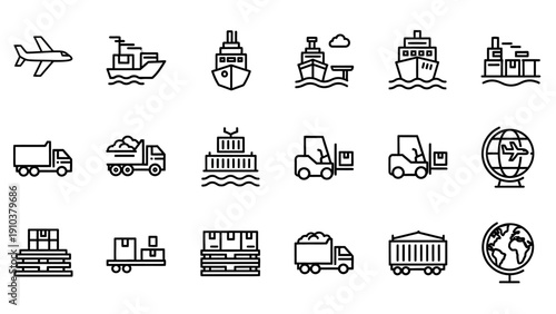 Collection of transportation and logistics icons for shipping and delivery services.