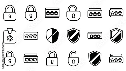 Collection of Security Icons Including Locks Shields and Passwords.