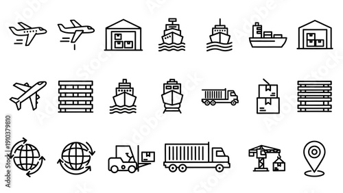Collection of transportation and logistics icons for shipping and delivery services.