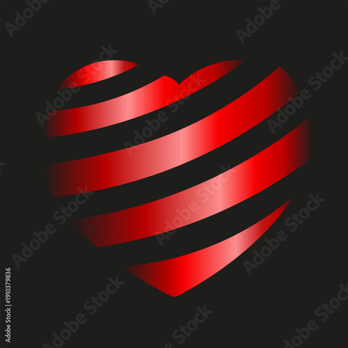 Creative Red Heart made from Gradient Ribbon. Vector illustration of trendy Gradient Red Heart isolated black background. Elegant romantic symbol. EPS 10