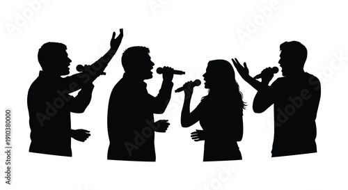 A group of four people singing into microphones captured in a striking black silhouette on transparent background high quality professional detailed