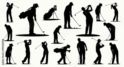 Collection of Silhouettes Depicting Various Golfing Actions and Poses for Sports Enthusiasts