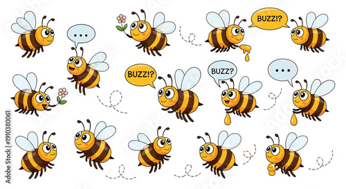 Delightful cartoon bee characters flying, buzzing, and interacting, showcasing various emotions and activities, perfect for playful designs and nature-themed projects