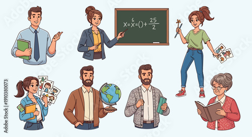 Cartoon illustrations depicting a diverse set of educators and students, showcasing various roles in the academic world, from classroom teaching to research and lifelong learning