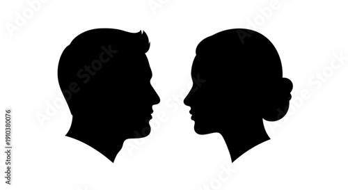 Elegant black silhouettes of a man and a woman in profile, facing each other, symbolizing communication, partnership, and human connection in a minimalist and striking graphic design