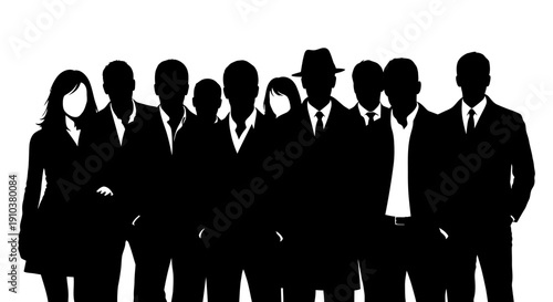 Unified silhouette of a professional business team standing together, symbolizing corporate collaboration, collective strength, and a shared vision for success and growth within an organization