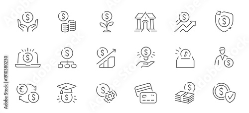 Financial line icons set. Commerce, finance concept. Money, investment, banking and business growth outline collection