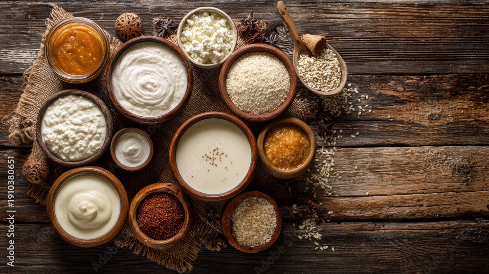 Fototapeta premium Assorted probiotic foods on table, artisan fermenter spread with bowls of creamy yogurt, kefir, miso and jars of sauerkraut and kimchi, rustic wooden surface, warm natural lighting, textured ceramic