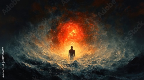 silhouette of a lone figure standing in turbulent ocean facing a blazing red light, a surreal scene of awe, isolation, and resolve