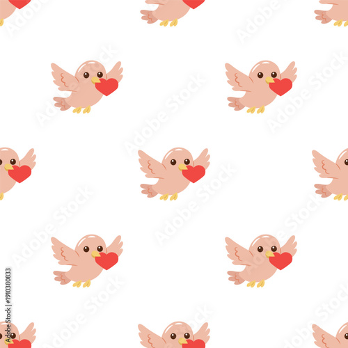 Seamless Cute Love Bird Pattern – Romantic Valentine Vector Background with Heart