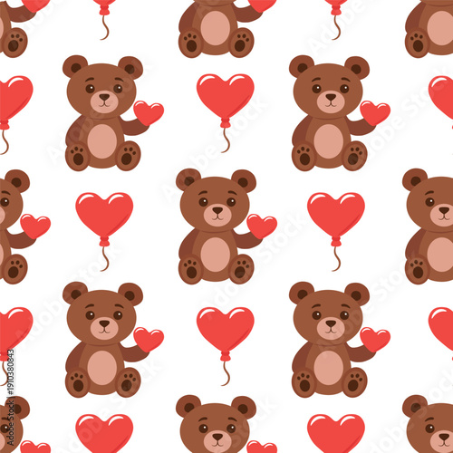 Seamless Cute Teddy Bear Pattern – Valentine Love Vector Background with Heart Balloon