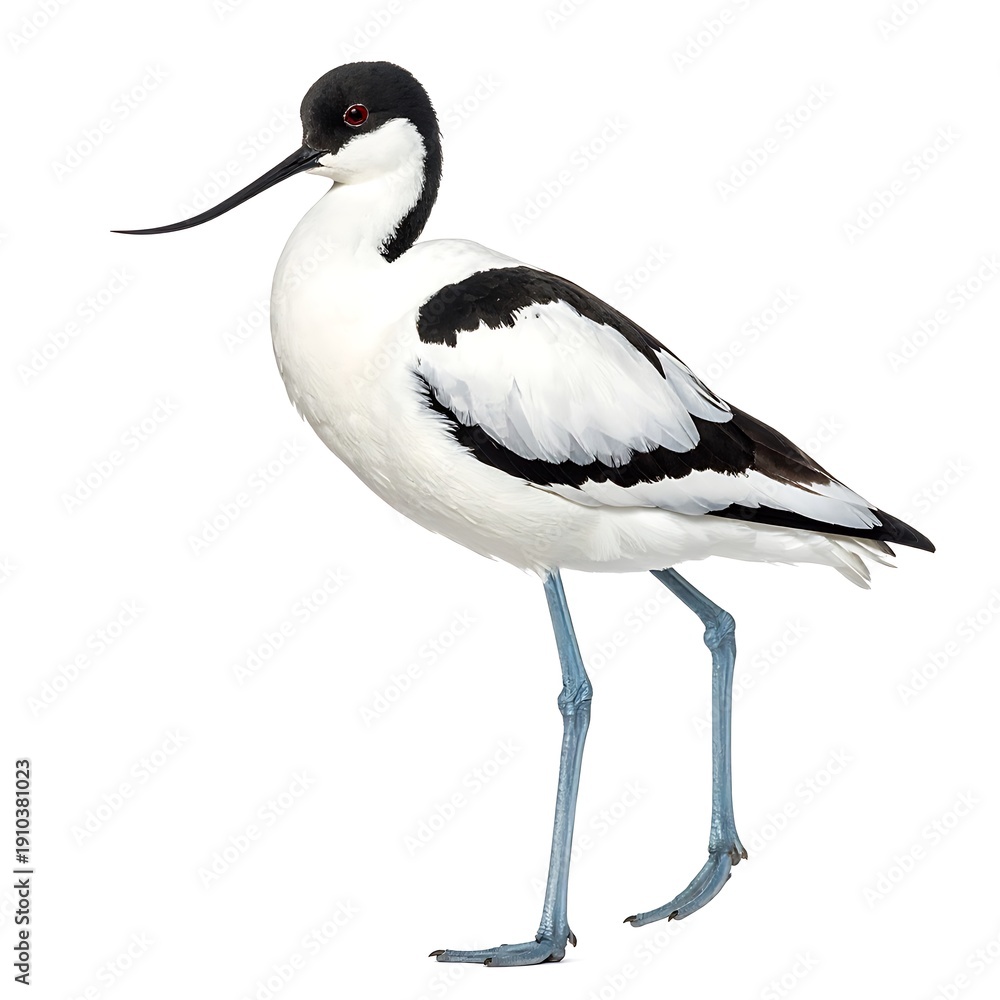 Obraz premium Elegant, isolated avocet bird with black/white plumage & blue legs is stepping forward against a plain white background