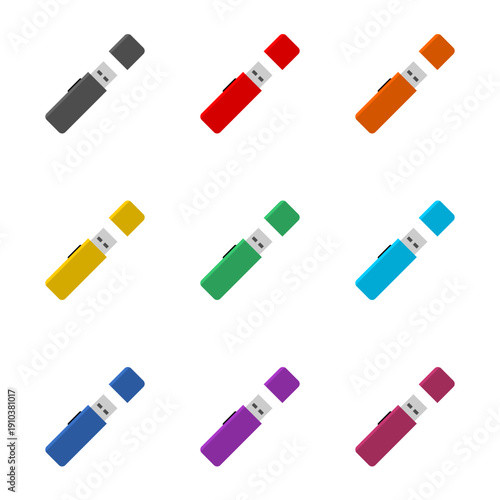 USB flash drive computer device icon isolated on white background. Set icons colorful