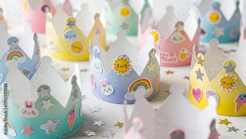 Pastel paper crowns decorated with stickers and stars, showcasing creative craftwork and playful designs in a vibrant display