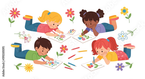 Four children joyfully drawing with crayons and surrounded by flowers a playful illustration on transparent background silhouette high quality professional detailed
